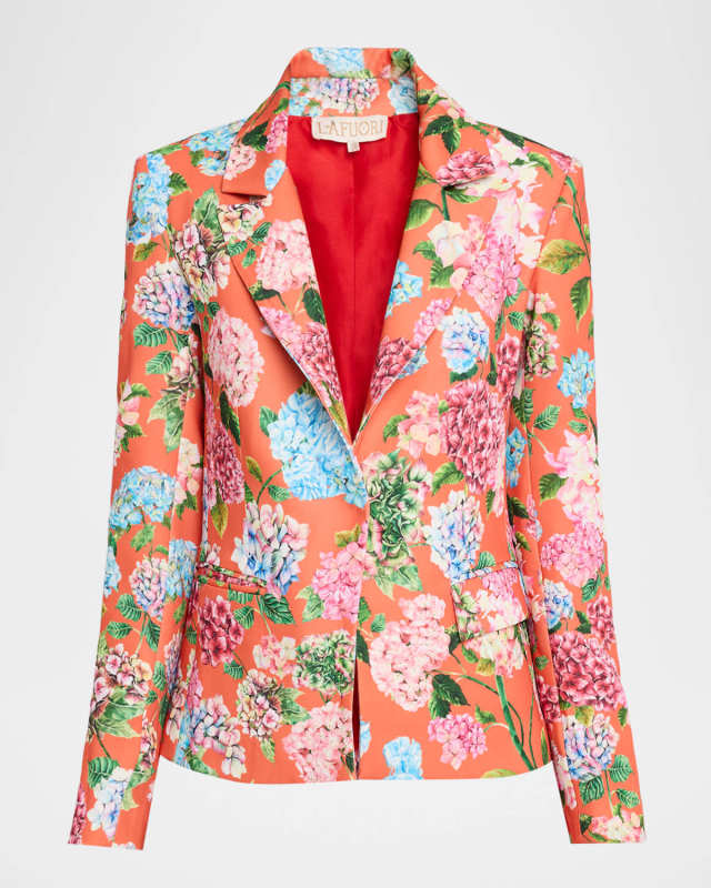 Hand-Painted Hydrangea Print Single-Breasted Blaz